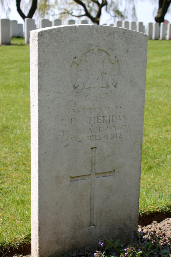 The headstone of Private L.D. Sheridan, of the Black Watch, who died July 23, 1915. He is buried in Le Trou Aid Post Cemetery in Fleurbaix, Pas-de-Calais, France.
Text:
1353 Private
L.D. Sheridan
The Black Watch
23rd July 1915