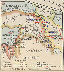 A map of the Russian-Turkish front from Der Weltkrieg 1914-1918, a 1930s German history of the war illustrated with hand-pasted cigarette cards, showing the Turkish Empire in Asia Minor and Mesopotamia, the Mediterranean, Black, and Caspian Seas and the Persian Gulf. To the west is Egypt, a British dominion; to the east Persia. Erzerum in Turkey and Kars in Russia were the great fortresses on the frontier.
Text:
Mittelmeer: Mediterranean Sea
Schwarzes M: Black Sea
Kasp. M.: Caspian Sea
Kleinasien: Asia Minor
Türkei: Turkey
Russland: Russia
Mesopot.: Mesopotamia
Persien: Persia
Agypten: Egypt
Kairo: Cairo
Stellungen der: Positions of the
Türken Jan. 1915. . .August 1916
Russen Mai 1915 . . . Frühjahr 1916
Engländer: November 1914 . . . Ende 1917
Herbst 1918
Positions of the
Turks Jan. 1915 . . . August 1916
Russians May 1915 . . . spring 1916
English: November 1914 . . . the end of 1917
autumn 1918