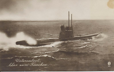 A German submarine preparing to dive.
Text:
Unterseeboot, klar zum Tauchen.
Submarine, clear for diving.
Logo: NEK 107
Reverse:
Hermann Eldefsen, Kiel.