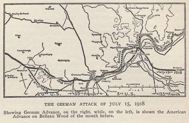 The German Champagne-Marne Offensive began on July 15, 1918. A map of the Offensive, and of the American advance in Belleau Wood in June. From 'The History of The A.E.F. by Shipley Thomas Captain 26th U. S. Infantry, First Division, A. E. F., with Maps, Diagrams, and Illustrations'.
Text:
The German Champagne-Marne Offensive began on July 15, 1918. A map of the Offensive, and of the American advance in Belleau Wood in June.