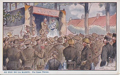 Off duty soldiers attending a revue, one soldier in drag. A conductor leads an ensemble to the left. Postcard from a watercolor by James Thiriar.
Text:
Au Feu de la Rampe. Par James Thiriar.
Reverse:
Publiée pau bénéfice de l'œuvre 'Asiles des Soldats Invalides Belges' Siège social provisoire: 79 Mark Lan (Londres)