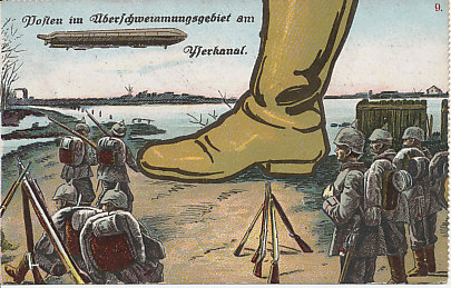 A postcard of sentry duty on the floodplain of the Yser Canal. In October 1914, the Belgian Army fell back to a position along the Yser River, and struggled to hold the line in a battle that began on October 16. Canals and dykes kept the River and the North Sea from the low-lying countryside. Struggling to hold their position, the Belgians opened the floodgates of the Yser on October 28, flooding the plain, stopping the German advance, and holding the Channel coast.
Text:
Posten im Überschwemmungsgebiet am Yserkanal.
Sentry duty on the floodplain on the Yserkanal.
Reverse:
Gedenk-Postkarte 1914-1915
Commemorative postcard
Message dated July 27, 1915, and field-postmarked the next day:
Armierungs-Bataillon Brief-Stempel
V. Komp. A. A. Falkenhausen
Reinforcement Battalion letter stamp 
V. Comp. A. A. Falkenhausen