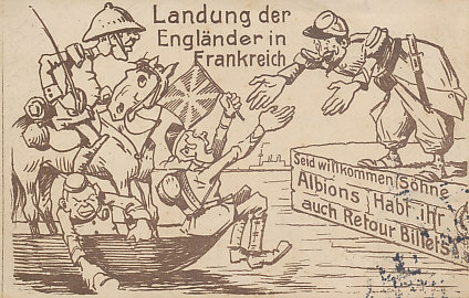 German postcard of the British Expeditionary Force, the BEF, landing in France in August 1914, greeted by a French officer.