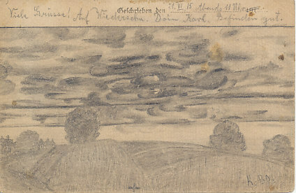 An evening landscape and sky drawn by Karl Bornschein on at 11:00 PM on June 21, 1915 — the first day of summer and the longest day of the year. The card was field postmarked June 29.
Text:
21.VI.15 Abends 11 Uhr
Viele Grüsse! Auf Wiedersehen. Dein Karl. Befinden gut.
June 21, 1915, 11:00 P.M.
Best Regards! Goodbye. Your Karl. Doing well.