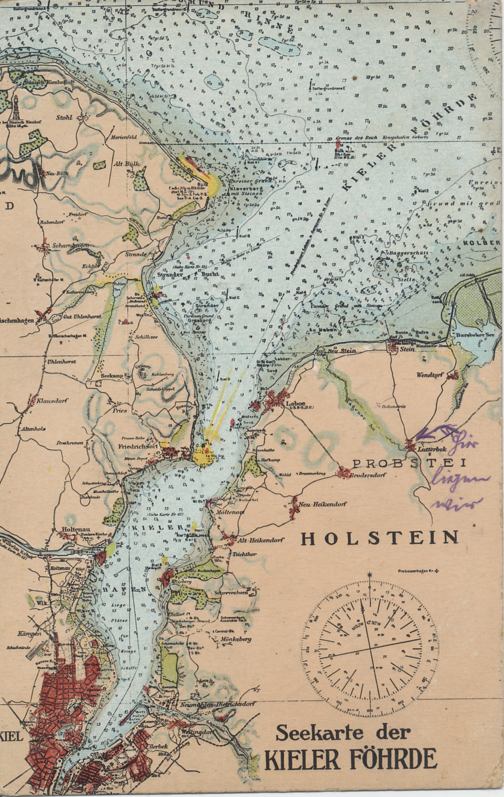 Nautical chart of the Kiel Fjord on the Baltic Sea, leading to Kiel, one of the home ports of the German Baltic Fleet. ? Just north of Kiel is the entrance to the Kaiser Wilhelm Canal, which crosses the Jutland Peninsula in the state of Schleswig-Holstein, and carries traffic to the mouth of the River Elbe on the North Sea.
Text:
Seekarte der Kieler Föhrde (nautical chart of the Kiel Fjord, Holstein, Kiel itself, and the towns of Laboe and Friedrichsort (and its lighthouse) at the mouth of the fjord.
Someone has annotated the town of Lutterbek.
Reverse:
Field postmarked Laboe, July 5, 1915, 2. Kompagnie I. Seewehr-Abteilung (Company 2, Coast Guard Department???
Verlag v. Franz Heinrich, Laboe-Kiel. Nachdruck verboten 1911. Mit Genehmigung der nautischen Abteilung des Reichs-Marine-Amtes, Berlin (Published by Franz Heinrich, Laboe, Kiel. Reproduction prohibited 1911. With the approval of the Nautical Department of the Reich Naval Office in Berlin).