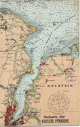 Nautical chart of the Kiel Fjord on the Baltic Sea, leading to Kiel, one of the home ports of the German Baltic Fleet. Just north of Kiel is the entrance to the Kaiser Wilhelm Canal, which crosses the Jutland Peninsula in the state of Schleswig-Holstein, and carries traffic to the mouth of the River Elbe on the North Sea.
Text:
Seekarte der Kieler Föhrde (nautical chart of the Kiel Fjord, Holstein, Kiel itself, and the towns of Laboe and Friedrichsort (and its lighthouse) at the mouth of the fjord.
Someone has annotated the town of Lutterbek.
Reverse:
Field postmarked Laboe, July 5, 1915, 2. Kompagnie I. Seewehr-Abteilung (Company 2, Coast Guard Department???
Verlag v. Franz Heinrich, Laboe-Kiel. Nachdruck verboten 1911. Mit Genehmigung der nautischen Abteilung des Reichs-Marine-Amtes, Berlin (Published by Franz Heinrich, Laboe, Kiel. Reproduction prohibited 1911. With the approval of the Nautical Department of the Reich Naval Office in Berlin)