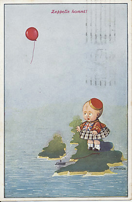Zeppelin kommt! And a submarine too. A postcard by Kriwub on the threat German airships posed to the United Kingdom, and the fear they engendered in the British public.
Text:
Zeppelin kommt!
Kriwub
Reverse:
Message postmarked Hannover, July 7, 1917