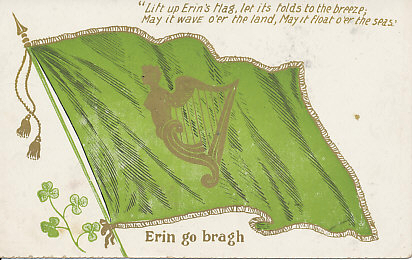 The green harp flag of Ireland, evidently both with and without the bust of a woman, was the flag of the short-lived Confederation of Kilkenny (1642-1649), and an unofficial flag of Ireland thereafter.
Text:
Lift up Erin's flag, let its folds to the breeze;
May it wave o'er the land, May it float o'er the seas.
Erin go bragh
Ireland forever