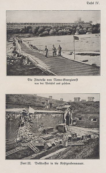 Photographs of the Russian fortress of Novo-Georgievsk from the Reichsarchiv history of the war. Upper: the citadel seen from the Vistula River. Lower: the results of a direct hit on the bastion walls. The fortress fell to the Germans on August 19, 1915 with the Russian garrison of 85,000 men captured.
Text:
Die Zitadelle von Nowo-Georgiewsk von der Weichsel aus gesehen.
Fort III. Volltreffer in die Rehlgrabenmauer.
The citadel of Novo-Georgievsk seen from the Vistula.
Fort III. Direct hit in the bastion walls.