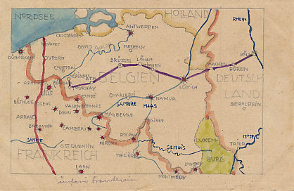 Hand-drawn map of the Western Front showing the front line in red, passing through Nieuport, Ypres, and Arras, and possibly the artist's route from Cologne to Liege, Brussels, and Tournay.