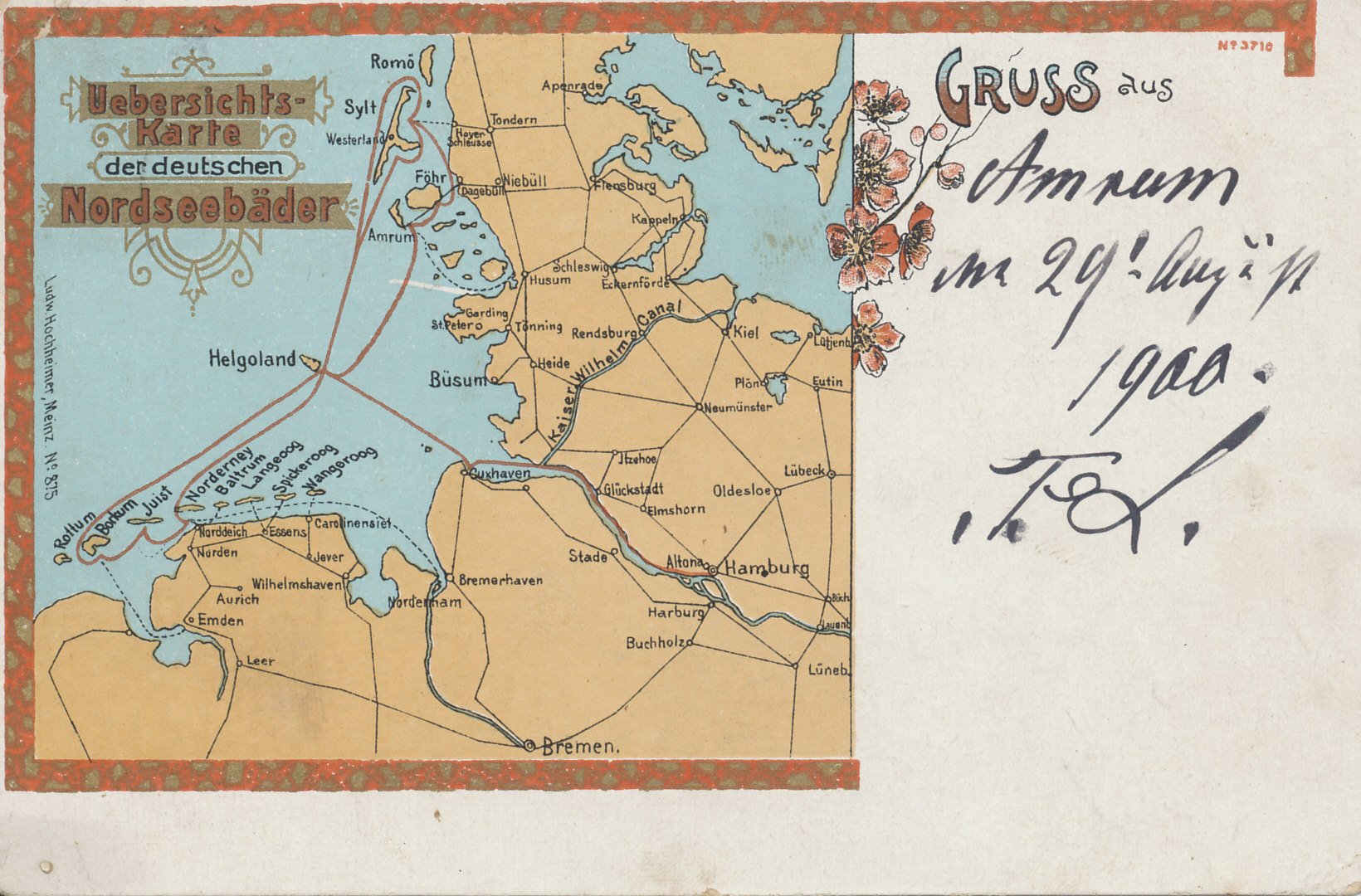 Postcard map of the German beach resorts on the North Sea with ferry routes connecting Hamburg and Cuxhaven on the mainland with the island of Helgoland and, from there, Sylt and Amrum to the north, and Borkum, Juist, and Norderney to the south. The map also shows the Kaiser Wilhelm Canal connecting Kiel, a home to Germany's Baltic Fleet, with the estuary of the Elbe River on the North Sea.
Title: Uebersichtskarte der deutschen Nordseebäder (Overview map of the German North Sea Baths)
[Printed]
Gruss aus (Greetings from)
[Handwritten] Amrum 29 August 1900
Ludw. Hochheimer, Meinz, No. 875
Reverse:
Deutsche Reichspost Postkarte