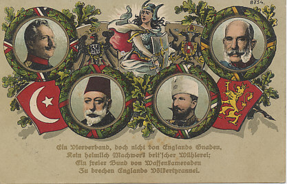 Kaiser Wilhelm II, Mohammed V, King Ferdinand of Bulgaria & Kaiser Franz Joseph of Austria in wreathed frames with bunting in the colors of their flags, national shield, Germania with her sword and shield, and a poem celebrating the association of the Central Powers and railing against England.
Text:
Ein Vierverband, doch nicht von Englands Gnaden,
Kein heimlich Machwerk brit'scher Wühlerei;
Ein freier Bund von Waffenkameraden
Zu brechen Englands Völkertyrannei.
A League of Four, but not of England's Graces,
No secret patchwork of British agitation;
But a free federation of comrades in arms
To break England's international tyranny.
8754.
Reverse:
Message dated June 24, 1916, postmarked the following day from Mehlsack.