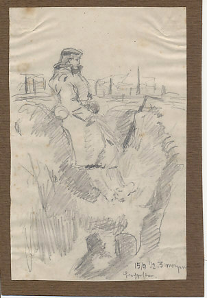 German pencil sketch by of a sentry at his listening post, 2:30 A.M. on September 15. By Otto Oettel, a soldier in Landwehr Infantry Regiment #32.
Text:
15/9 1/2.3 Morgen
September 15, 2:30 A.M.