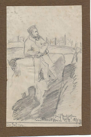 German pencil sketch of a sentry at his listening post by moonlight, 10:30 P.M. on September 11. By Otto Oettel, a soldier in Landwehr Infantry Regiment 32.
Text:
1/2 11. 11/9
September 11, 10:30 P.M.
Sentry at his listening post by moon light