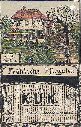 Hand-painted ink and watercolor card of a soldier walking to the A.F.A Canteen sends wishes for a Happy Pentecost from Austro-Hungarian lance-corporal Ernst Gundermann, May, 1917. Pentecost (a moveable feast commemorating the descent of the Holy Spirit on the the disciples of Jesus after his death) fell on May 27, 1917.
Text:
A.F.A Kantine
Fröhlich Pfingsten
Wunsch der K.U.K. Ernst Gundermann
Mai, 1917
Gefr[eite] Gundermann (Lance-corporal)
Happy Pentecost wishes from K.u.K. Ernst Gundermann
[K.u.K.: Kaiserlich und Königlich, Imperial and Royal. Franz Joseph and his heir Karl were Emperor of Austria and Apostolic King of Hungary.]
Postmarked May 17, 1917