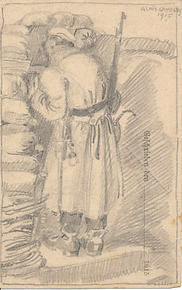 Pencil sketch of a German soldier on the firing step peering through what may be a sniper plate. Pencil on blank field postcard, signed, Alois Gruber 1915.
Text:
Geschrieben den .............1915