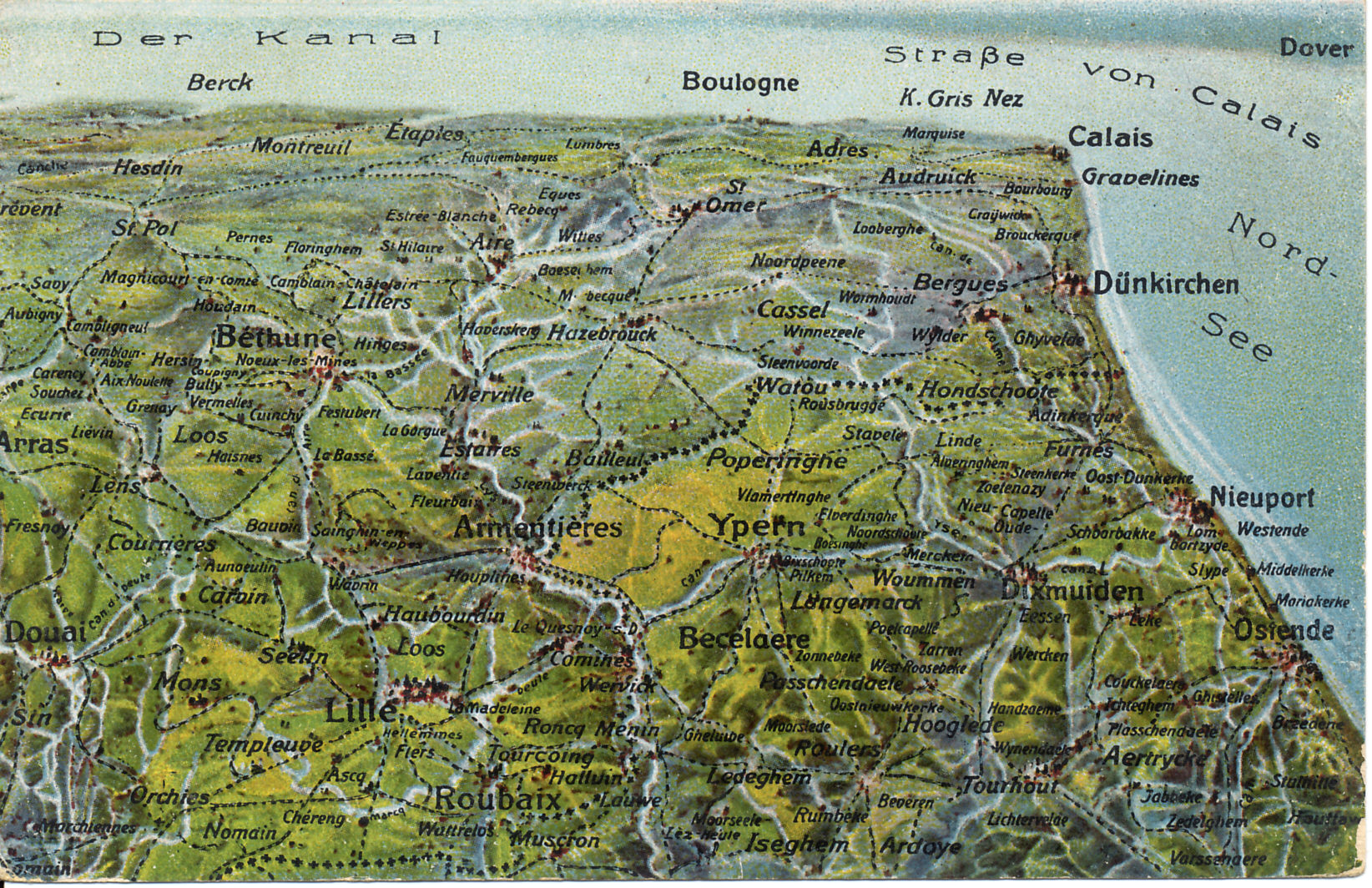 German postcard map of the Western Front in Flanders, looking south and including Lille, Arras, Calais, and Ostend. In the Battle of the Yser in October, 1914, the Belgian Army held the territory south of the Yser Canal, visible between Nieuport, Dixmude, and Ypres (Ypern). Further north is Passchendaele, which British forces took at great cost in 1917.