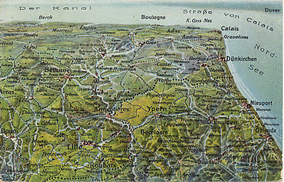 German postcard map of the Western Front in Flanders, looking south and including Lille, Arras, Calais, and Ostend. In the Battle of the Yser in October, 1914, the Belgian Army held the territory south of the Yser Canal, visible between Nieuport, Dixmude, and Ypres (Ypern). Further north is Passchendaele, which British forces took at great cost in 1917.
Text:
Der Kanal
Straße von Calais
The English Channel and the Strait of Calais
Reverse:
Panorama des westlichen Kriegsschauplatzes 1914/15 Von Arras bis Ostende.
Die Panorama-Postkartenreihe umfaßt mit ihren 9 Abschnitten Nr. 400 bis 408 den gesamten westlichen Kriegsschauplatz von der Schweizer Grenze bis zur Nordseeküste.
Panorama of the western theater of operations 1914/15 from Arras to Ostend. The panoramic postcard series includes nine sections, with their No. 400-408 the entire western battlefield from the Swiss border to the North Sea coast.
Nr. 408
Wenau-Postkarte Patentamtl. gesch.