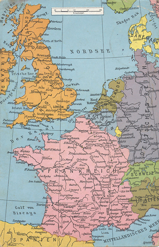 Map of western Europe from the Mediterranean to the North sea, including France and Belgium, the Western Front.