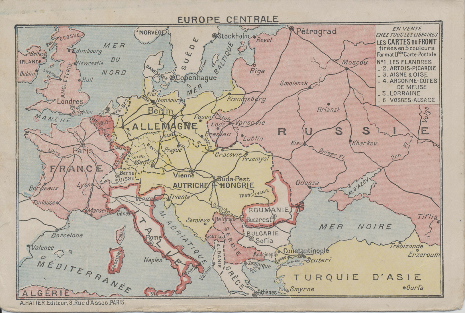 Number six in a series of folding postcards, each one showing one of the Western Front battlefields on the interior. The outer back shows a map of central Europe with the Entente Allies is pink and the Central Powers in Yellow. The map shows Europe after Turkey's entry into the war at the end of October, 1914, and before Italy's entry in May, 1915. The publisher may have hoped neutral Italy and Romania would soon join the Allies, and shows them outlined in pink.
Text:
Outer back:
Europe Centrale
En vente chez tous les libraries
Les cartes du front
tirées en 5 couleurs
format double carte postale
No. 1. Les Flandres
_ 2. Artois-Picardie
_ 3. Aisne & Oise
_ 4. Argonne-Côte de Meuse
_ 5. Lorraine
_ 6. Vosges-Alsace
A. Hatier. Editeur.8.Rue d'Assas, Paris.
Inner detailed map:
Les Cartes du Front.
No. 6. Vosges-Alsace.
Chemin de fer, voie norm[a]le
" voie étroite
Route principale
Fleuve ou rivière
Canal du navigation
Fort
Kilometres
Outer front:
Correspondence des Armees
Franchise Militaire

Central Europe
Available at all libraries
Cards of the Front
drawn in 5 colors
Double postcard size
No. 1. Flanders
_ 2. Artois-Picardie
_ 3. Oise Aisne &
_ 4. Argonne-Meuse Coast
_ 5. Lorraine
_ 6. Alsace-Vosges
A. Hatier. Publisher.8.Rue d'Assas, Paris.
Inner detailed map:
Cards of the Front
No 6. Alsace-Vosges.
Normal Railroad
Narrow Gauge Railroad
Major road
River or stream
Navigable canal
Fort
Kilometres
Outer front:
Correspondence of the Armies
Military Franchise