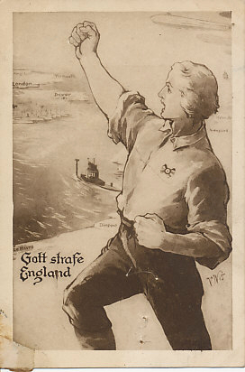God punish England! A young man urges a Zeppelin and submarine on in an attack on London, Dover, and Yarmouth, England. On the continental side of the English Channel are the cities of Le Havre and Dieppe in France, and Nieuport and Ostend, Belgium. The Germans occupied Ostend. The submarine is U-21, which, on September 5, 1914, sank the British cruiser HMS Pathfinder with a loss of 261 men.
Text:
Gott strafe England
God punish England
London, Dover, Yarmouth
Le Havre, Dieppe, Nieuport, Ostend
U-21
signed: VW 15
Reverse:
Gerstiftet von Amol-Versand von Vollrath, Wasmuth, Hamburg, Amolposthof
Genemigt
K. B. Kriegsministerium
Presse Referat.
Message to Liebe Mutter! dated Kiel, March 13, 1918