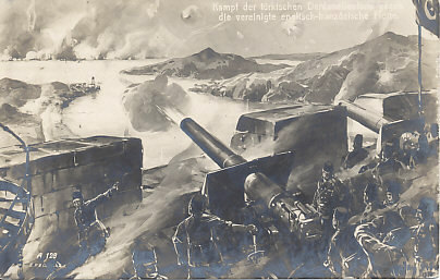 Guns of the one of the Turkish forts guarding the Dardanelles firing on the Anglo-French fleet. The first naval assault was on February 19, 1915, the major and final attack on March 18.  The fort, and the lighthouse in the distance (likely that at Kum Kale) are on the southern, Asian side of the Dardanelles. The hills on the northern, European side of the strait are on the Gallipoli Peninsula. From a painting by Willy Stoewer.
Text:
Kampf der türkischen Dardanellenforts gegen die vereinigte englisch-französische Flotte.
Battle of the Turkish Dardanelles forts against the combined Anglo-French fleet.
A 128 E.P. & C . . .? Signed, bottom right.