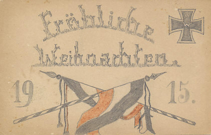 Fröhliche Weihnachten (Merry Christmas), the letters as if made of rough-hewn wood, 1915. Beneath them crossed German flags with an Iron Cross top right. Original pencil and red pencil drawing. 
Reverse: Feldpostkarte, unused.
