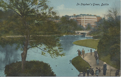 Postcard view of Stephens Green, Dublin, Ireland. During the Easter Rising of April, 1916, rebel forces entrenched in and held the Green under the command of Countess Constance Gore-Booth Markievicz, Irish Wife of a Polish count, and a member of the Irish Citizens Army, a militia formed by James Connolly and Jack White, to protect trade union members in the aftermath of the seven-month long Dublin Lock-out of 1913.
Text:
In Stephens Green, Dublin
Reverse:
Valentine's Series
Known throughout the World
Printed in Scotland
Valentine, Dublin