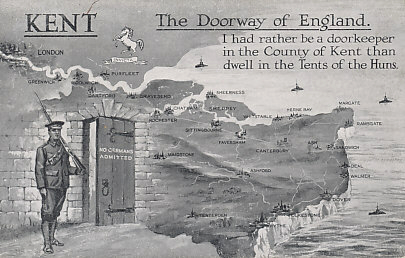 Postcard view of the county of Kent, England, bounded by the River Thames on the north and the English Channel and Dover Strait to the east. The city and White Cliffs of Dover are in Kent. In November 1914, British naval and military authorities feared Germany was preparing to invade England.
Text:
Kent: the Doorway of England.
I had rather be a doorkeeper in the County of Kent than dwell in the Tents of the Huns.
'Invicta' - undefeated, the motto of Kent
Cities and towns of Kent
On the door: No Germans Admitted
Reverse:
Postmarked Chatham (Kent) January 25, 1915
Designed and Printed in Faversham, Kent, at Voile & Robertson's Library (copyright)