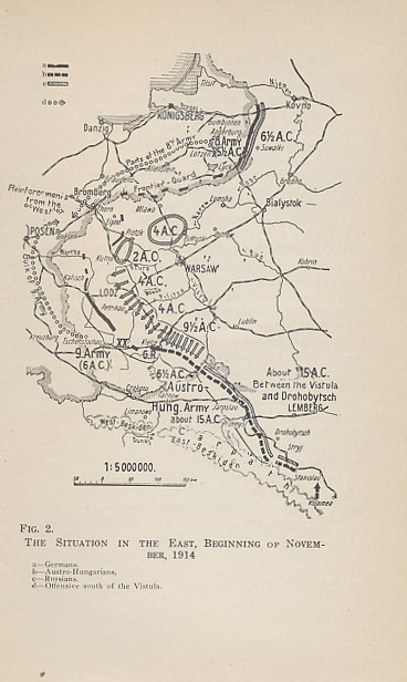 Map of the military situation and troop movements on the eastern front at the beginning of November, 1914. A German-Austro-Hungarian advance almost to the gates of Warsaw in September and October, 1914, was reversed by the Russians. The November 12 German counter-attack included the new German Ninth Army and reinforcements that had been withdrawn from the Western Front. Map from The German General Staff and its Decisions, 1914-1916 by General von Falkenhayn.
Text:
Fig. 2.
The Situation in the East, Beginning of November, 1914
a-Germans
b-Austro-Hungarians
c-Russians
d-Offensive south of the Vistula.
Upper left: 'Reinforcements from the West'