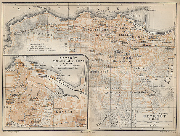 Map of Beirut and its old city and bazaar from the Baedeker guide to 'Palestine and Syria with Routes through Mesopotamia and Babylonia and with the Island of Cyprus'.