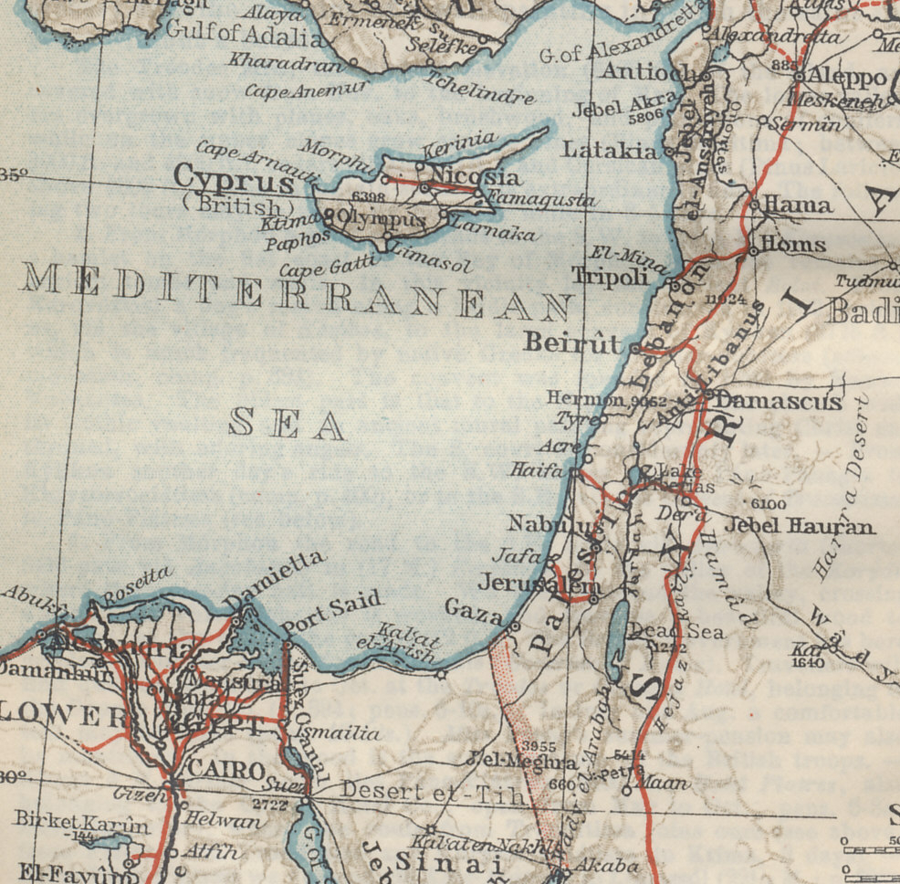 Syria and Palestine Front: Showing Cairo, Egypt, the northern Sinai peninsula, Akaba on the Red Sea, Jerusalem, Beirut, Damascus, and Aleppo. The Hejaz Railway runs north, parallel to the Mediterranean coast. From 'Palestine and Syria with Routes through Mesopotamia and Babylonia and with the Island of Cyprus' by Karl Baedeker.