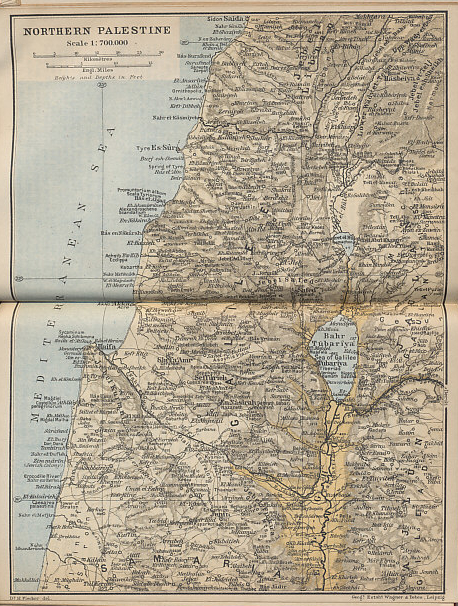 Northern Palestine from 'Palestine and Syria with Routes through Mesopotamia and Babylonia and with the Island of Cyprus' by Karl Baedeker
Text:
Northern Palestine
Scale 1:700,000