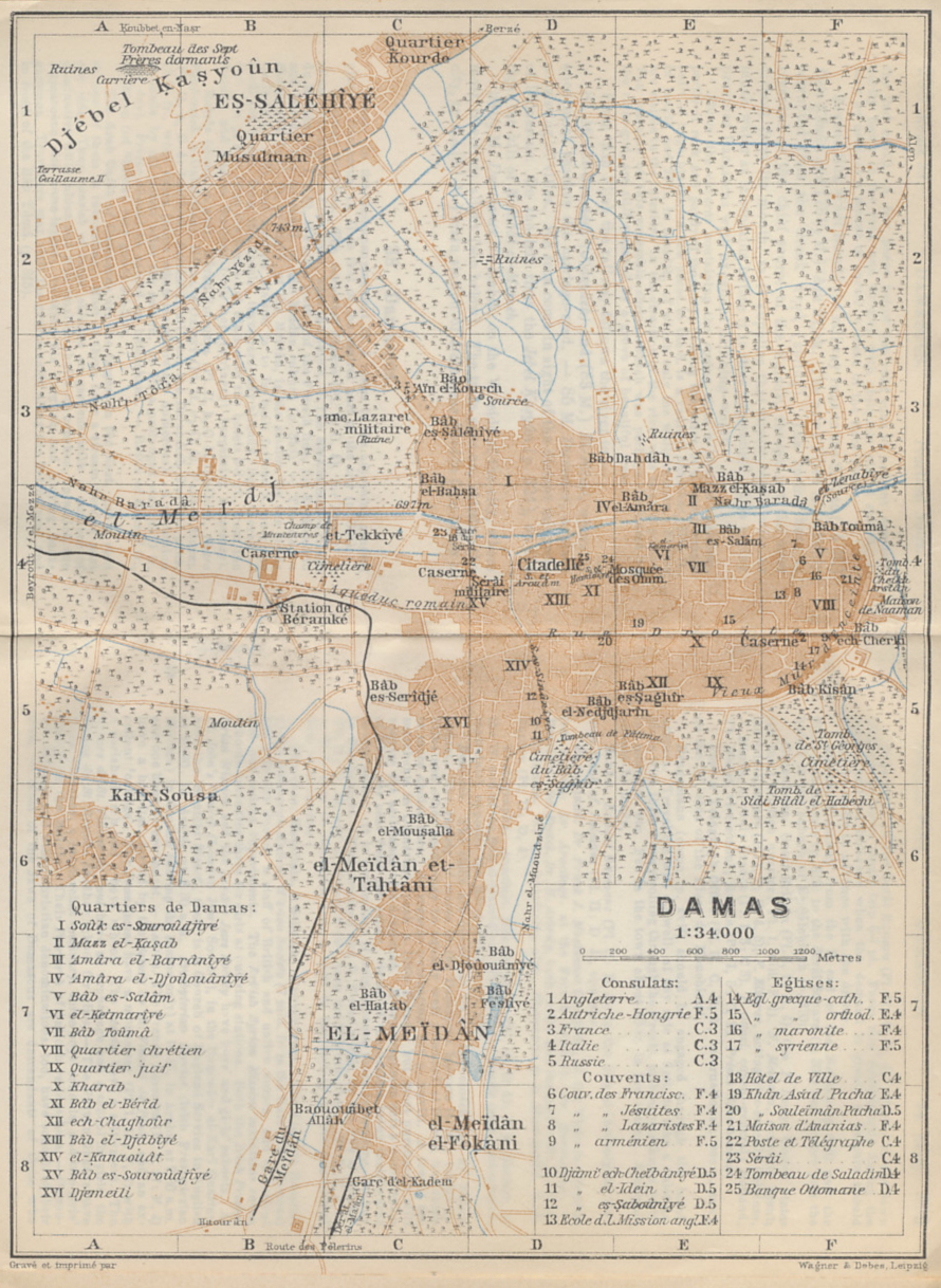 Map of Damascus from 'Palestine and Syria with Routes through Mesopotamia and Babylonia and with the Island of Cyprus' by Karl Baedeker.