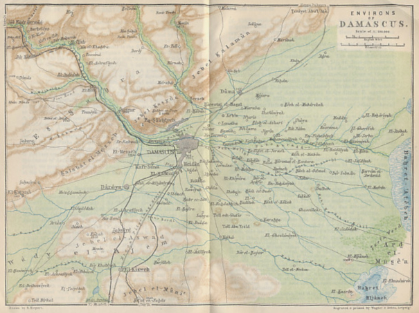 Map of Damascus and environs from 'Palestine and Syria with Routes through Mesopotamia and Babylonia and with the Island of Cyprus' by Karl Baedeker.