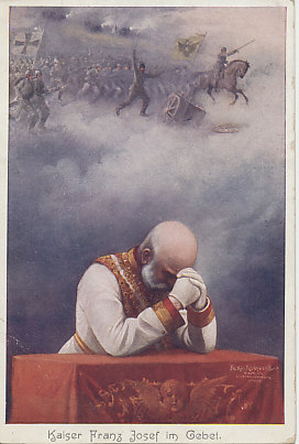 Emperor Franz Joseph of Austria-Hungary kneels in prayer, evidently praying for the success of an attack by German and Austro-Hungarian forces.
Text:
Kaiser Franz Josef im Gebet
Emperor Franz Josef praying
Reverse:
Vater im Himmel, Lenker der Sonnen,
Zeuge für mich, der in Demut Dir naht!
Ich nicht habe den Kampf begonnen,
Ich nicht streute die blutige Saal!
Doch von Feinden und Neidern umgeben
Rief ich mein Volk zu eiserner Wehr,
Laß mich die frohe Stunde erleben,
Die heut mein Geist ach nur zögernd begreift,
Da goldene Aehren, funkelnde Reben
Wieder im Lichte des Friedens gereift.
Da keine Mutter trostlos mehr weinet,
Wahrheit und Recht nicht länger verkannt,
Liebe die Völker der Erde vereinet
Vater im Himmel, beschütze mein Land!
Harry Sheff
W.R.B. & Co. Wien - Nr. 189.
Father in heaven, ruler of the sun,
Witness me who comes humbly before you!
I did not start the battle;
I did not scatter blood everywhere!
But surrounded by enemies and the envious,
I called my people to be strong as iron.
Let me experience the happy hour,
That today my soul dimly comprehends
When golden ears and sparkling vines
Again ripen in the light of peace.
There no inconsolable mother weeps,
Truth and justice are no longer disregarded,
And love unites the peoples of the earth.
Heavenly Father, protect my country!
Harry Sheff
W.R.B. & Co. Vienna - # 189..