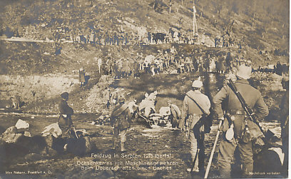 German troops crossing a stream in the valley of the Ibar River during the 1915 invasion of Serbia. The Ibar flows from Montenegro into western Serbia, and is a tributary of the Morava.
Text:
Feldzug in Serbien 1915 Ibartal
Ochsenkarren mit maschinengewehren beim Ueberschreiten eines Baches
Max Nakonz, Frankfurt a. O.
Nachdruck verboten
1915 Serbian campaign, in the Ibar Valley
An ox cart with machine guns crossing a stream.
Max Nakonz, Frankfurt on Oder
Reproduction prohibited
Reverse:
Reserve Feldartillerie Regiment 44
Message, July 16, 1916, field postmarked July 18, 1916, the 44th Reserve Division of Reserve Field Artillery Regiment 44 (?)