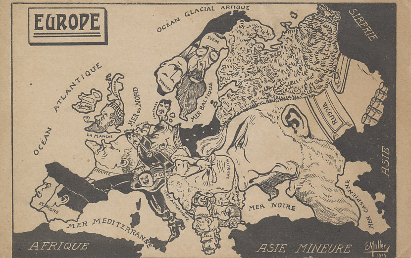 Caricature map of Europe by E. Muller, 1914. Despite the date, the depiction of the Balkans reflects the situation prior to the First Balkan War of 1912-13 in which Turkey lost substantial European territory to Serbia, Greece, Montenegro, Albania, and Bulgaria. It is also overstates the influence of Spain on Portugal in which, after the deposition of King Manuel II in 1910, the Republic of Portugal was declared.
Text:
E Muller, 1914
Europe, its countries, and seas.
Reverse:
Message dated December 31, 1914
