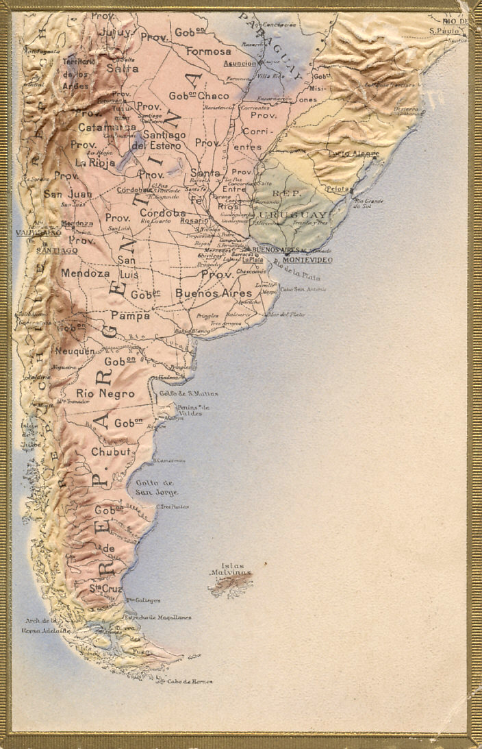 An embossed postcard of southern South America showing the Republics of Argentina, Chile, and Uruguay, southern Paraguay and Brazil, Cape Horn, and the Falkland Islands, a British territory claimed by Argentina as Islas Malvinas and the site of the Battle of the Falkland Islands on December 8, 1914.
Text:
Rep. Argentina
Cabo de Hornos
Islas Malvinas
Rep. Argentina
Cape Horn
Malvinas Islands / Falkland Islands

3889208     Präge-AK Argentinien, Landkarte der Republik Argentina     6,40 €