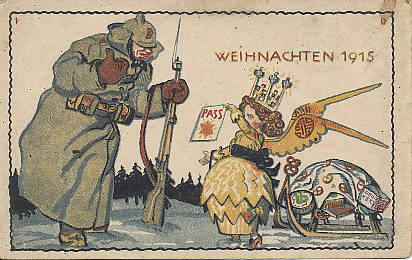 A German sentry approves a Christmas angel's pass, allowing her to proceed with her sled of gifts, among which are Bahlsen's Leibniz Cookies. One of numerous advertising field postcards of soldiers at the front produced for Bahlsen's Leibniz Keks.
Text:
Weinachten 1915
Pass
Leibniz Keks
Christmas 1915
Pass
Leibniz Cookies
Reverse:
Feldpostkarte
H. Bahlsens Keksfabrik, Hannover