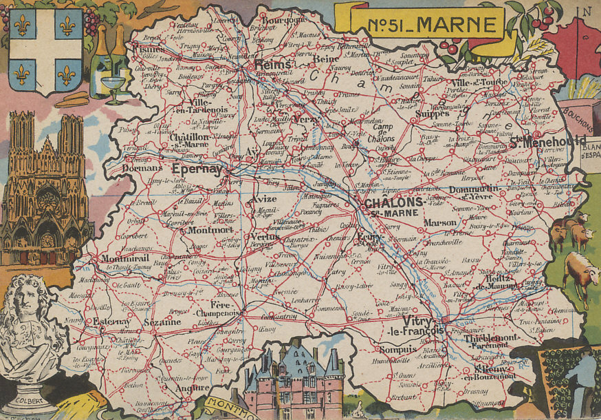 Map of the department of the Marne in Champagne was some of the most contested land during the war, site of the initial German invasion, the Battle of the Marne, the First and Second Battles of Champagne, the Champagne-Marne Offensive, Rheims Cathedral, Épernay, Châlons, Vitry-le-Francois, Ste-Menehould, and Perthes-les-Hurlus (First Champagne).