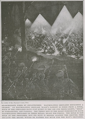Illuminating grenades — searchlights suspended by a parachute — for night warfare. From the Scientific American War Book: The Mechanism and Technique of Warfare Compiled and Edited by Albert A. Hopkins.
Text:
By courtesy of the Illustrated London News.
Searchlights fired by infantrymen. Illuminating grenades disclosing a charge. An illuminating grenade (Hale's patent) is fired from a rifle. Four of the grenades have just burst in the air and their lights, 'held' by parachutes, are falling. The three men in the right foreground have illuminating grenades on their rifles, ready for firing. The rifle is not held at the shoulder, but its butt is rested against the ground; this because the recoil would be rather too much for the man's shoulder.