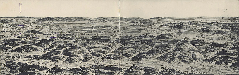 Folding postcard relief map looking north from the River Aisne to the Oise Canal, from Compiègne to Soissons, and from Noyon to St. Gobain, France. A hand drawn arrow indicates Pimprez, marked with an 'X'.
Reverse:
Cards number 2101 (left/west) and 2102 (right/east). Kunst-u. Verlagsanstalt Schaar & Dathe, Komm.-Ges. a. Akt, Trier.