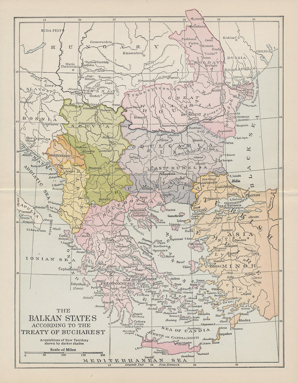 Map showing the territorial gains (darker shades) of Romania, Bulgaria, Serbia, Montenegro, and Greece, primarily at the expense of Turkey, agreed in the Treaty of Bucharest following the Second Balkan War. Despite its gains, Bulgaria also lost territory to both Romania and Turkey.