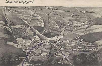 Postcard relief map of Lens, France and the surrounding area. Looking north to La Bassée, it includes Notre Dame de Lorette, Bethune, Loos, and Noyelles with added highlights. The numerous 'fosse' are mines which had 100-foot towers that could be used for observation.
Attacking from the west, British forces took Loos in September 1915.
Text:
Lens mit Umgegend
Lens and surrounding area
Reverse:
Message dated November 21, 1916