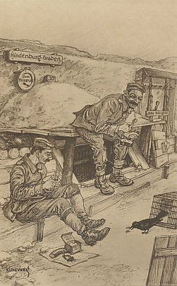 The soldier's life in the Hindenburg Trenches, postcard from a drawing by Kurzweg
Text:
Hindenburg-Graben
zum Friseur
Speise Fett
Bitte klingeln
Soldiers' Life in the Hindenburg trench
to the barber
cooking fat
please ring the bell