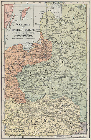 1916 Eastern Front war zone map showing the borders between Russia, Germany, and Austria-Hungary from the Baltic Sea to Romania.