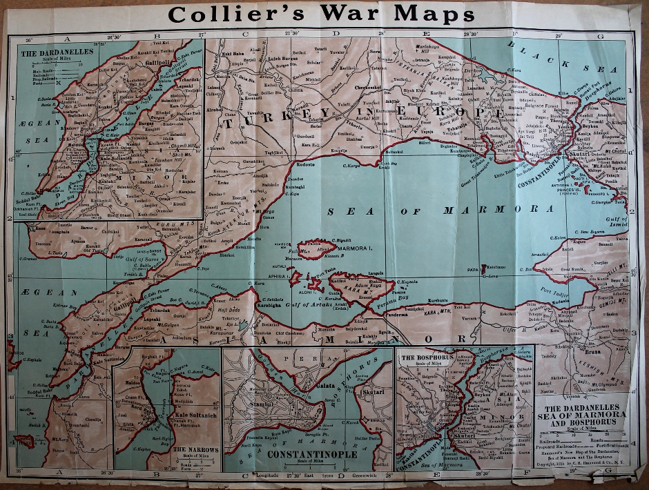 Collier's War Maps of the Dardanelles, the Sea of Marmora, and the Bosphorus, with insets for the Dardanelles and the Gallipoli Peninsula, the Narrows of the Dardanelles, Constantinople (Istanbul), and the Bosphorus between the Sea of Marmora and the Black Sea