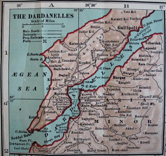 The Dardanelles and the Gallipoli Peninsula, an inset from Collier's War Maps of the Dardanelles, the %+%Location%m%79%n%Sea of Marmora%-%, and the %+%Location%m%81%n%Bosphorus%-%.
Text:
The Dardanelles, Scale of Miles, Main Roads, Railroads, Prop[osed] Railroads, Forts
Aegean Sea, Dardanelles, Gallipoli Peninsula, Gallipoli, Asia Minor, Cape Helles, Suvla Bay, shore batteries, and other place names.