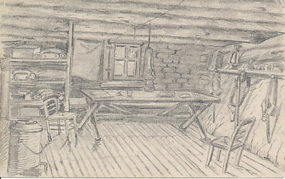 Lodgings from December 24, 1914 to January 7, 1915. An officer's sword hangs on the wall. A German pencil sketch.
Text, Reverse:
. . .  12/24/14 to 1/7/15 . . .